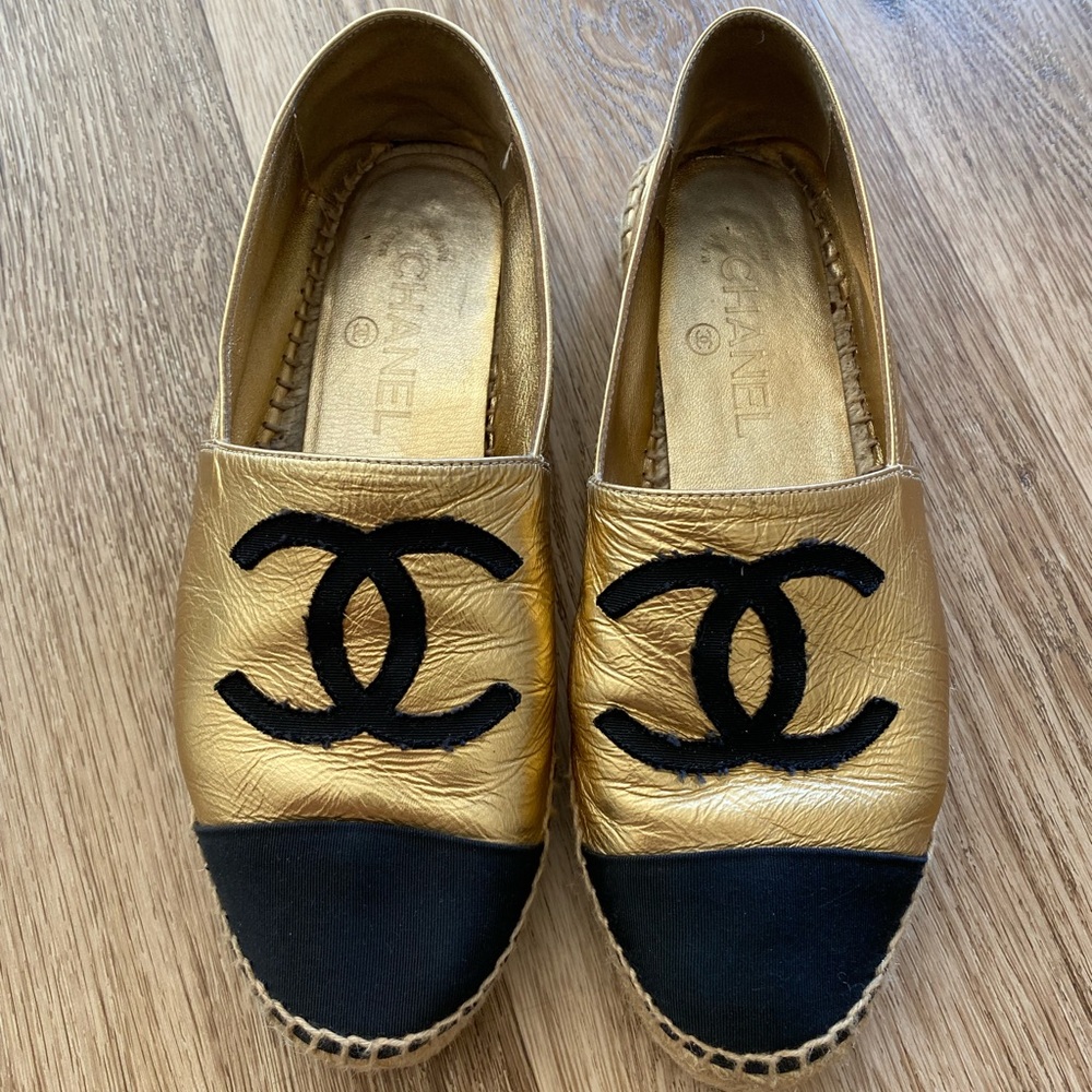 Chanel Gold & Black Lambskin Espadrilles